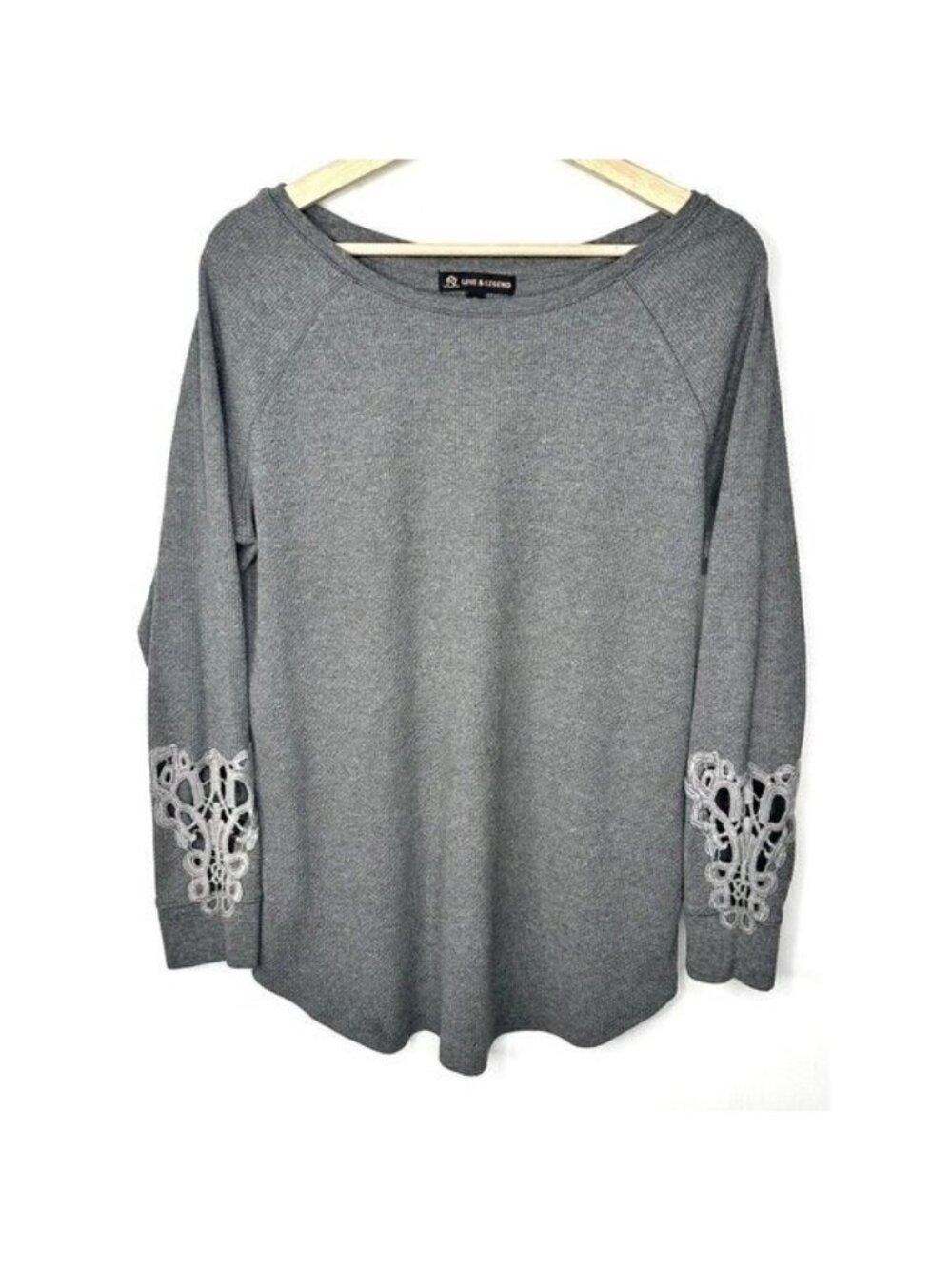 Love & Legend Tunic Top Womens XL Gray Waffle Knit Crochet Sleeve Boho Pullover
